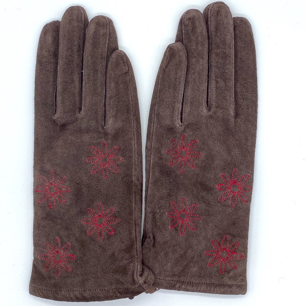 🆕Brown suede leather gloves with pink 🌸